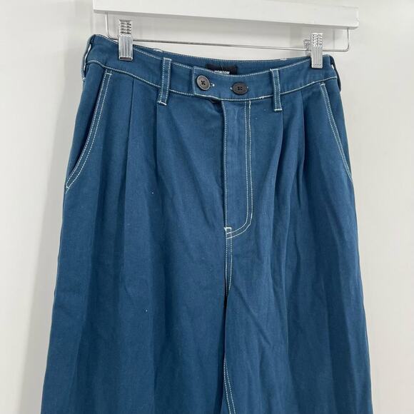 MONROW Cotton Twill Wide Leg Trousers Dark Denim High Rise Stretch Zip 28 NEW - Picture 7 of 13